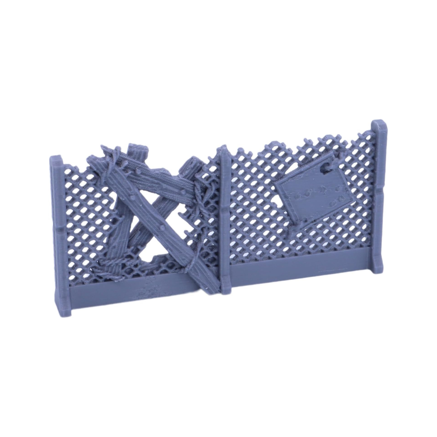 Ruined wire mesh fence section with wooden reinforcement and hanging metal signage