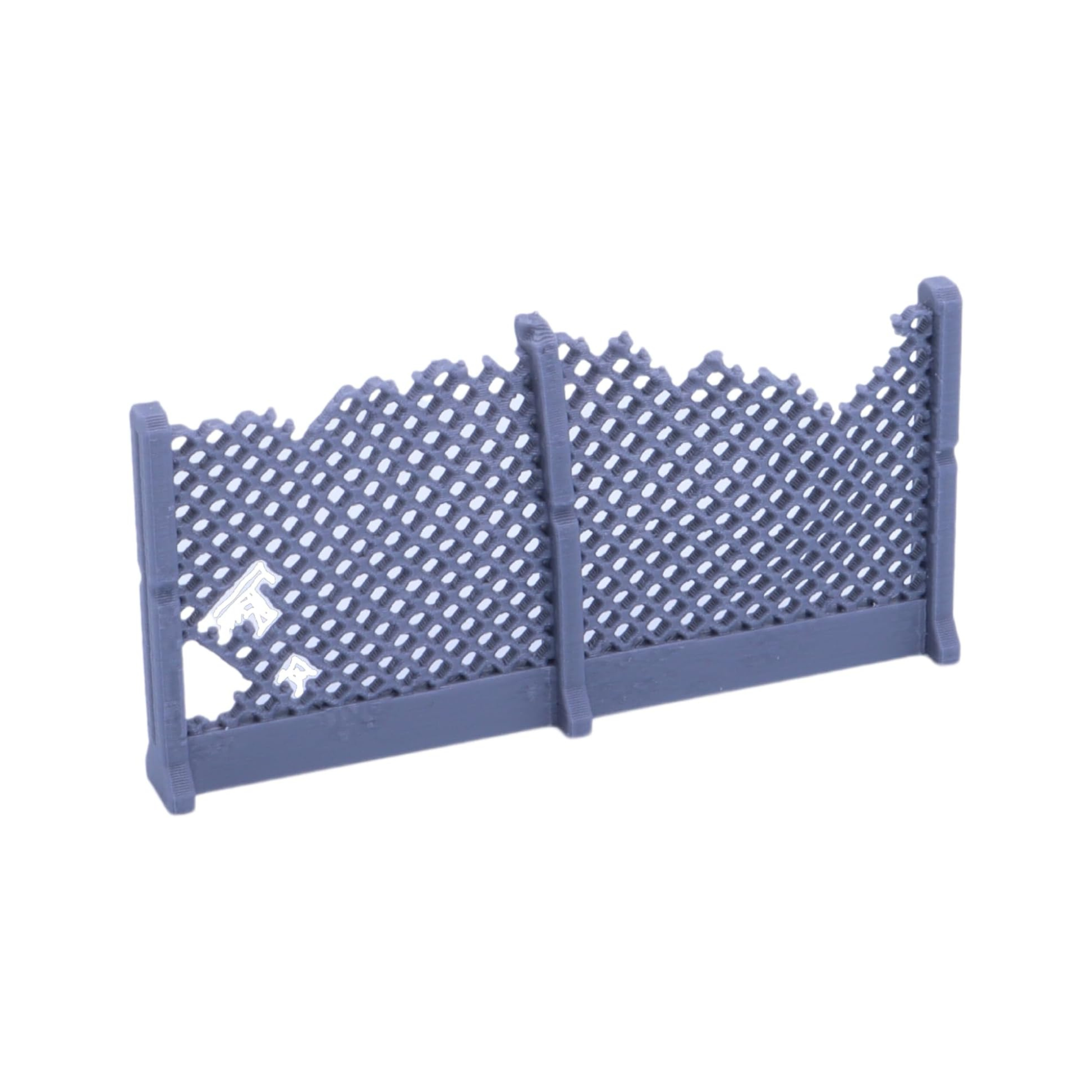 Weathered mesh fence terrain section with holes and damaged wire detailing