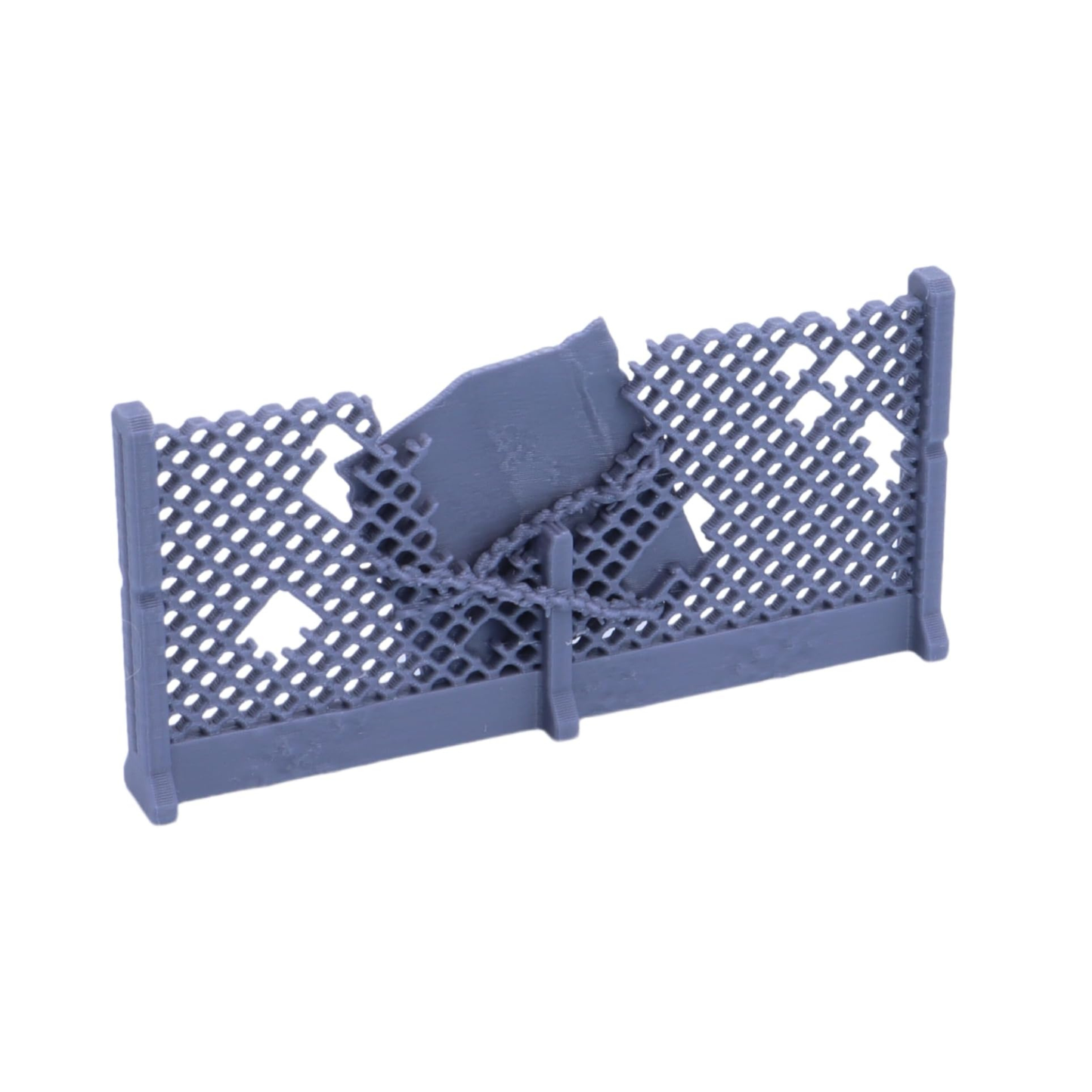 Industrial wire fence terrain featuring damaged mesh and improvised scrap-metal repairs