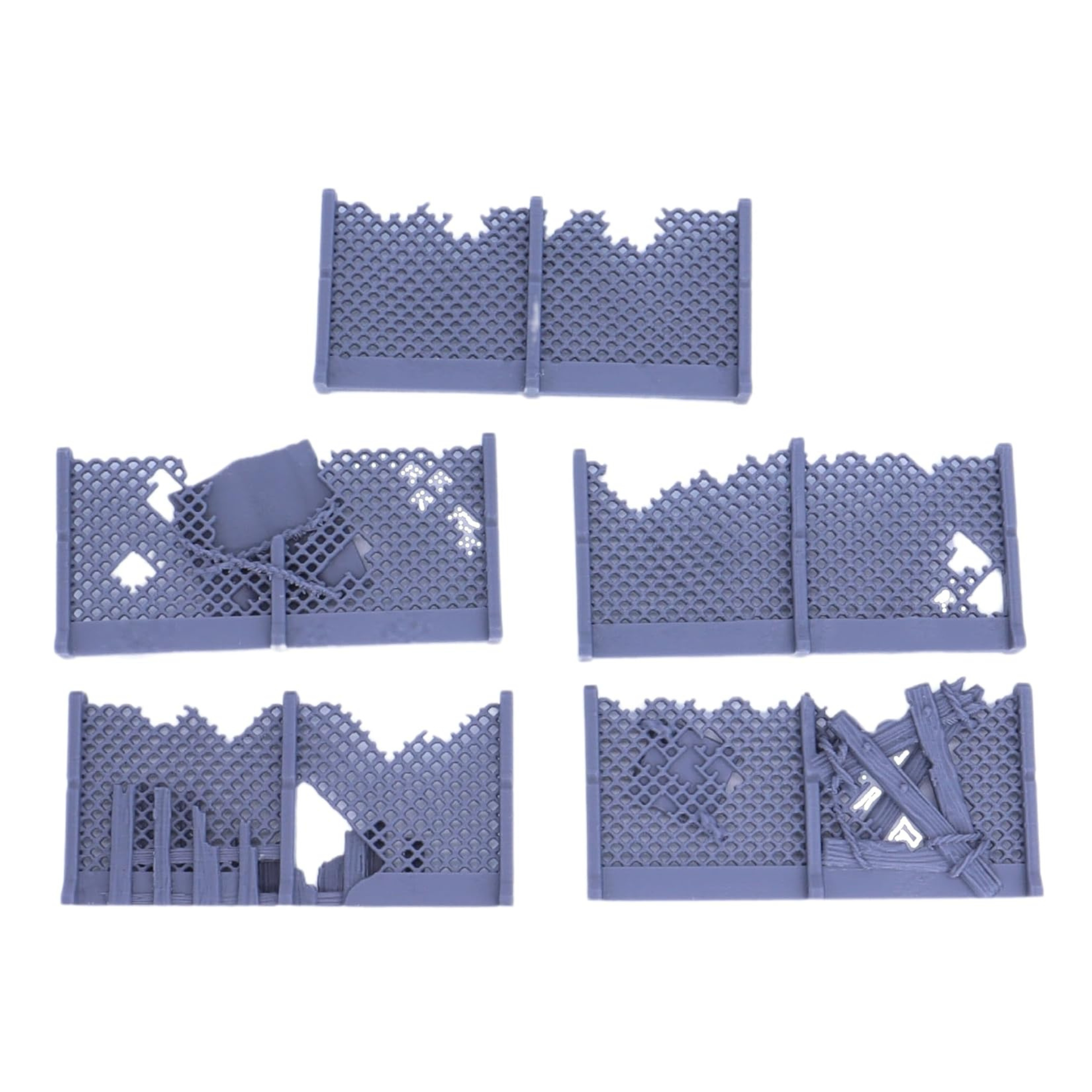 Five individual damaged wire fence sections for 28mm to 32mm tabletop miniature games