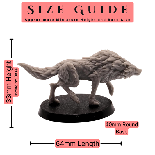 Wolves 28mm scale miniature size guide showing an approximate 33mm height including base, 64mm length, and 40mm round base size.