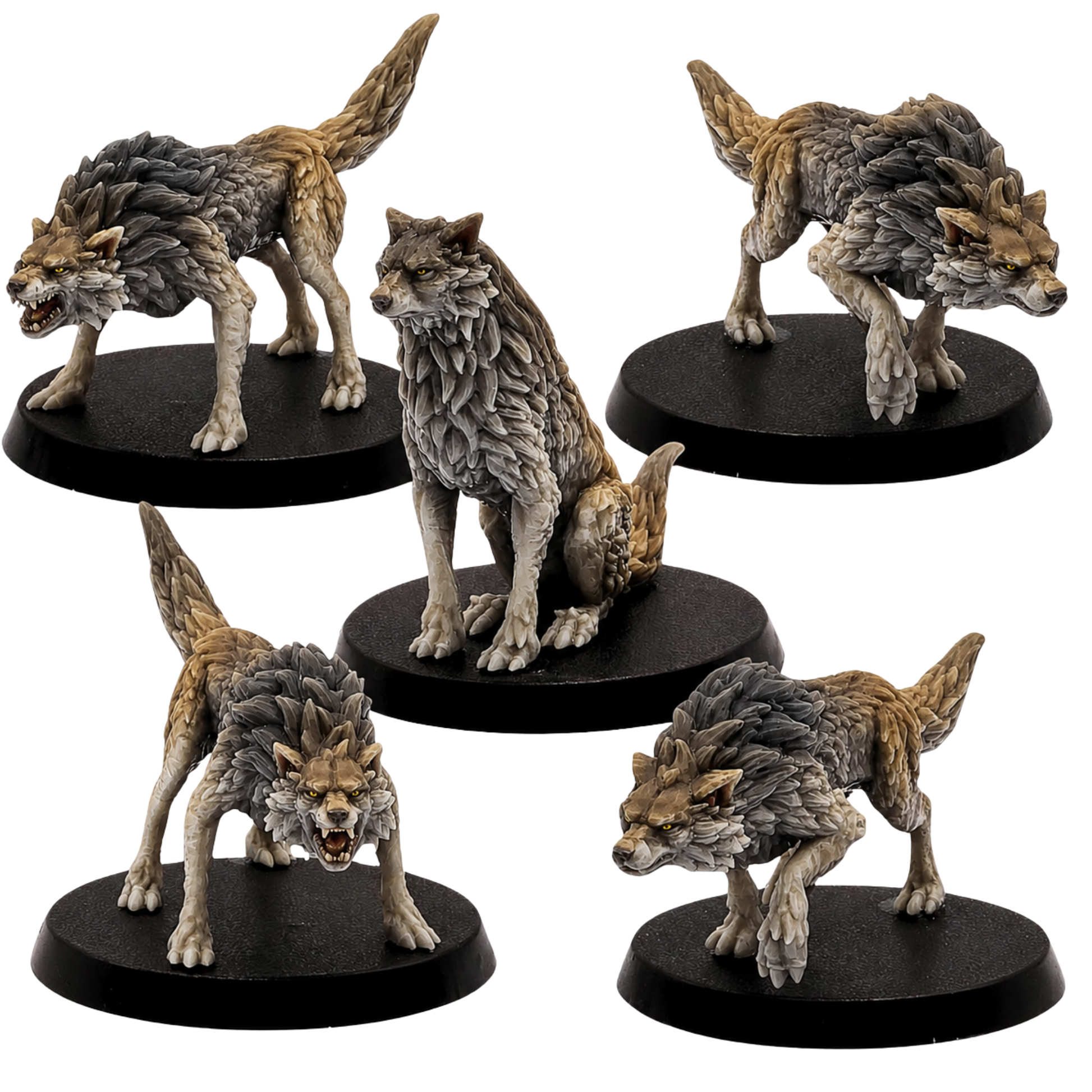 Painted Wolves set of 5 by Epic Miniatures showing fantasy wolf miniatures in snarling, stalking, prowling, and seated poses on round bases.