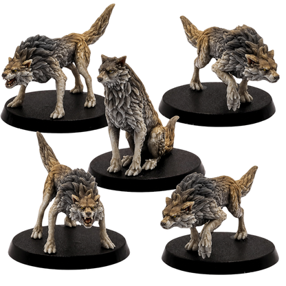 Painted Wolves set of 5 by Epic Miniatures showing fantasy wolf miniatures in snarling, stalking, prowling, and seated poses on round bases.