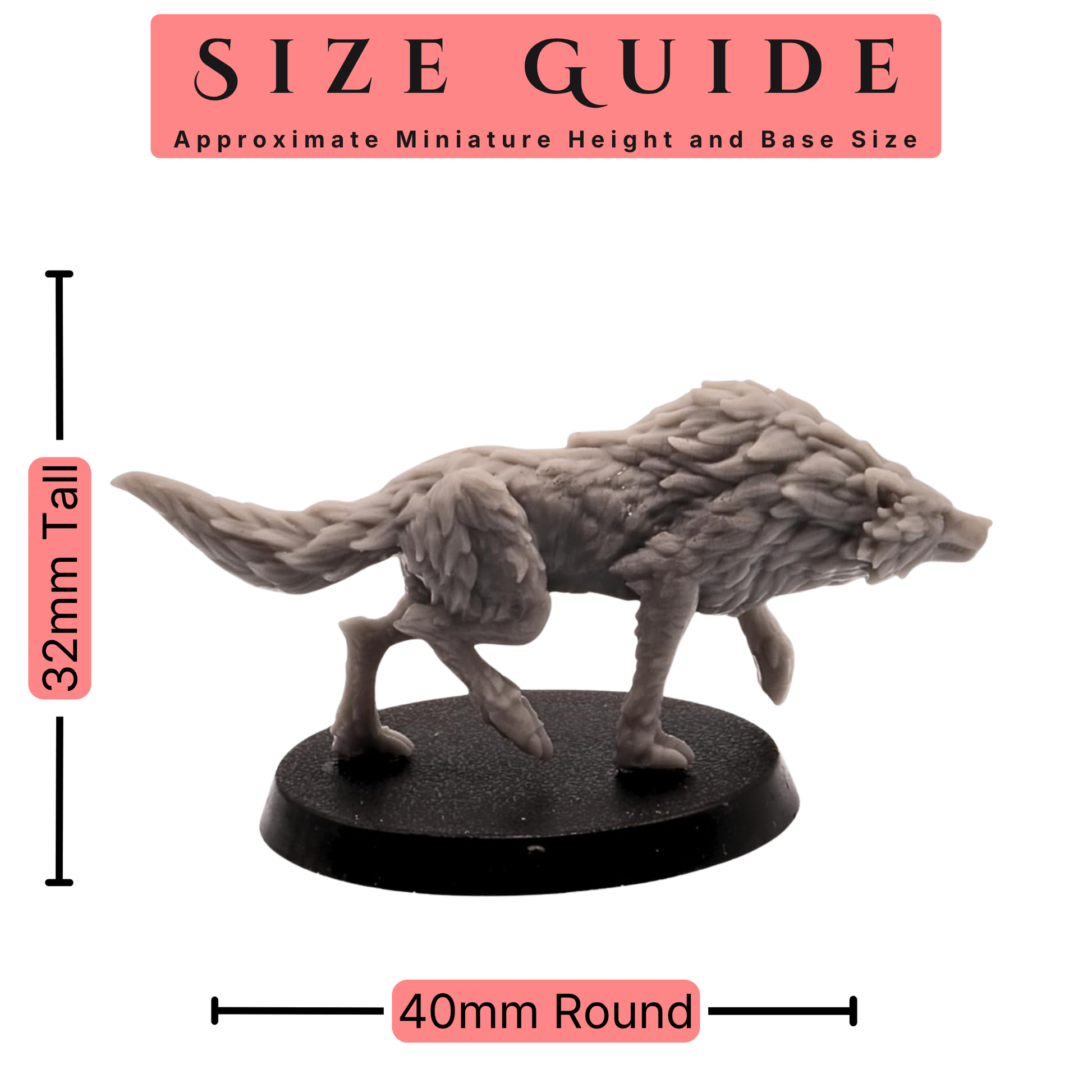 Wolves miniature size guide showing a prowling wolf approximately 32mm tall on a 40mm round base.