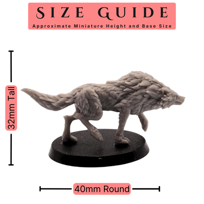 Wolves miniature size guide showing a prowling wolf approximately 32mm tall on a 40mm round base.