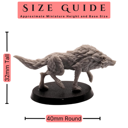 Wolves miniature size guide showing a prowling wolf approximately 32mm tall on a 40mm round base.