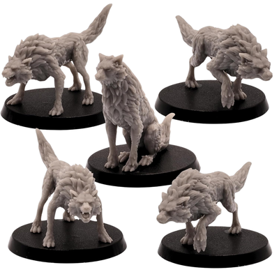 Unpainted Wolves set of 5 by Epic Miniatures showing varied fantasy wolf poses on 40mm round bases.