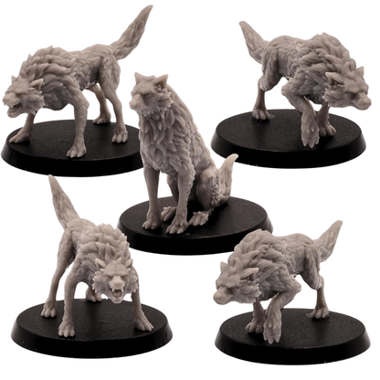 Unpainted Wolves set of 5 by Epic Miniatures showing varied fantasy wolf poses on 40mm round bases.