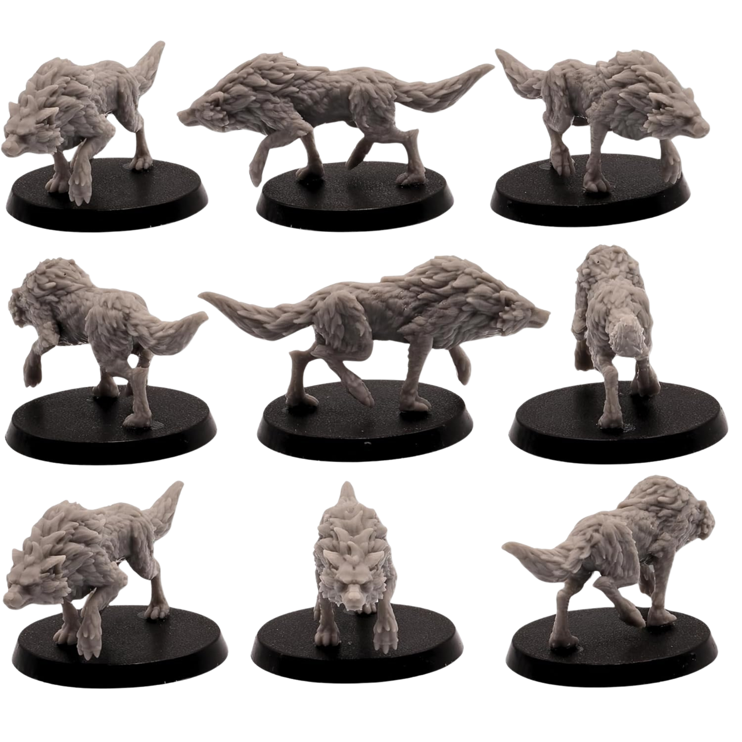 Unpainted fantasy wolf miniature shown from multiple angles with detailed layered fur, raised tail, and prowling pose.