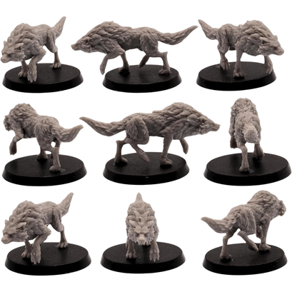 Unpainted fantasy wolf miniature shown from multiple angles with detailed layered fur, raised tail, and prowling pose.