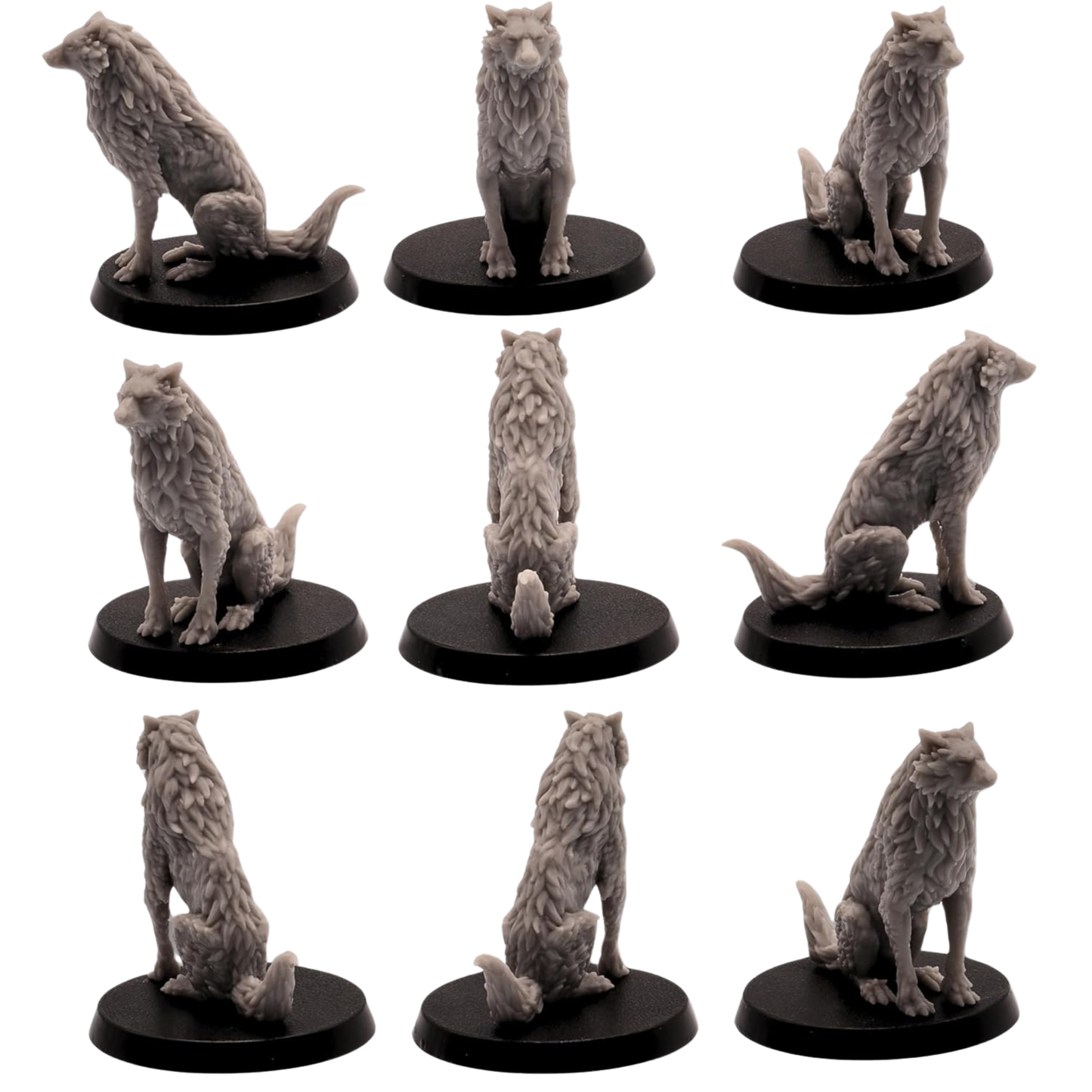 Unpainted seated wolf miniature shown from multiple angles with thick layered fur, alert ears, and bushy tail.