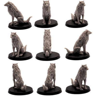 Unpainted seated wolf miniature shown from multiple angles with thick layered fur, alert ears, and bushy tail.
