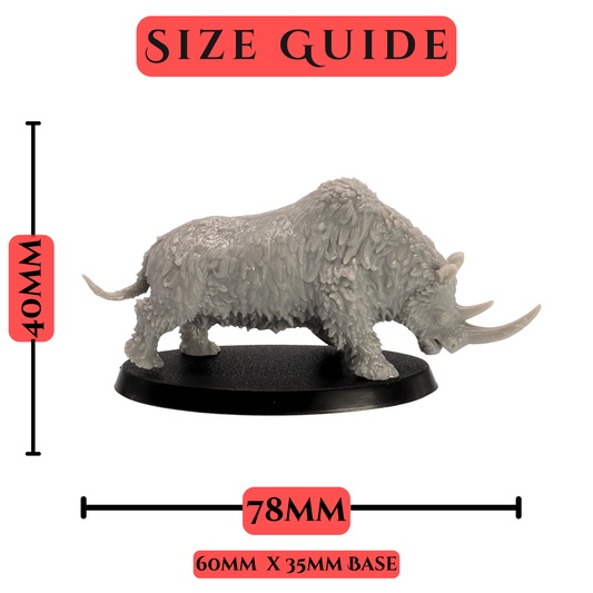 Physical dimensions and size guide in millimeters for the Epic Miniatures Woolly Rhino tabletop model.