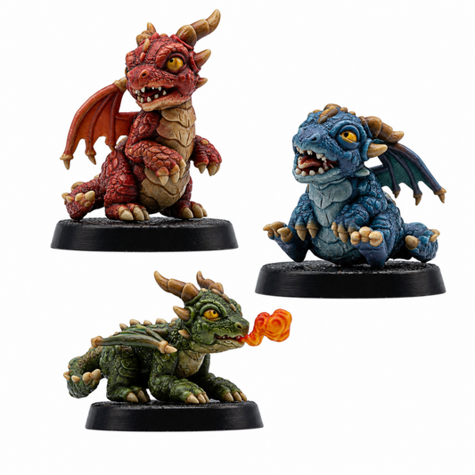 Painted Wrymling Familiars set of three by Forged Path Miniatures, showing red, blue, and green baby dragon miniatures on round bases.
