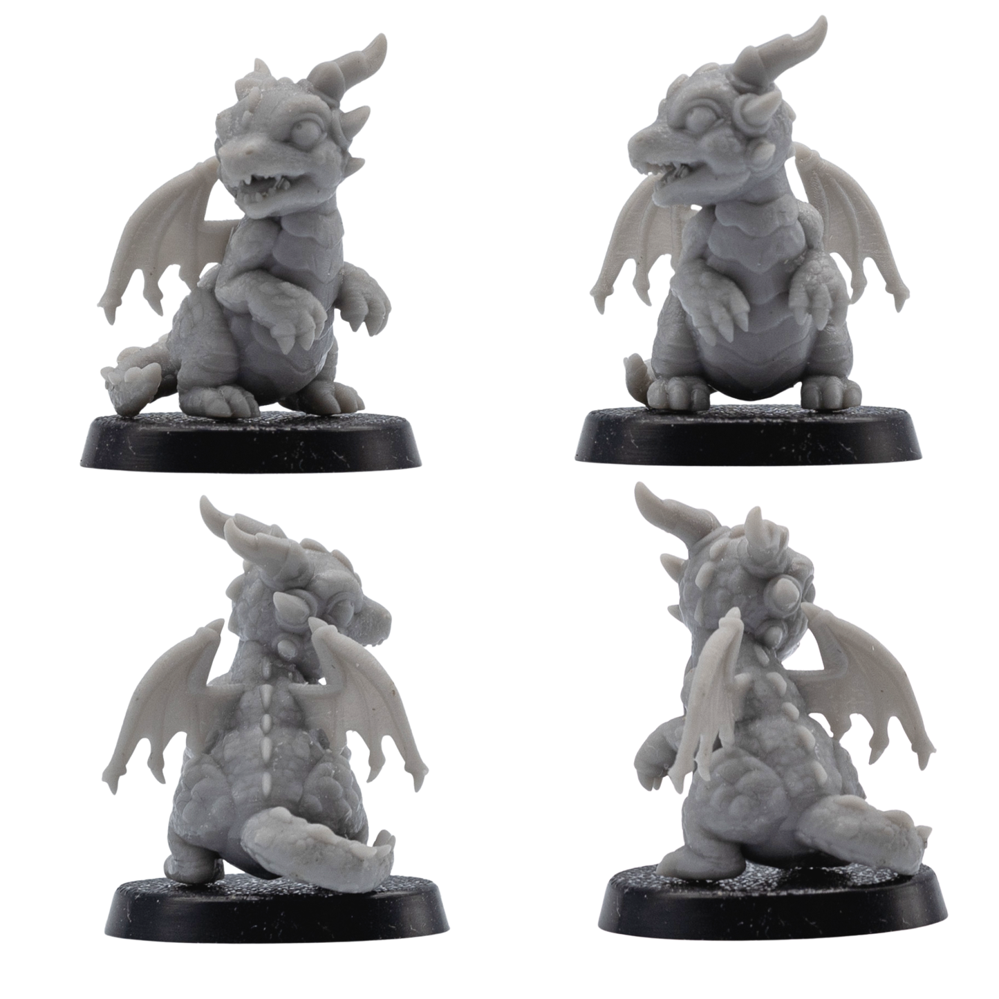 Unpainted wyrmling familiar shown from multiple angles with wings, horns, and dragon-like features.