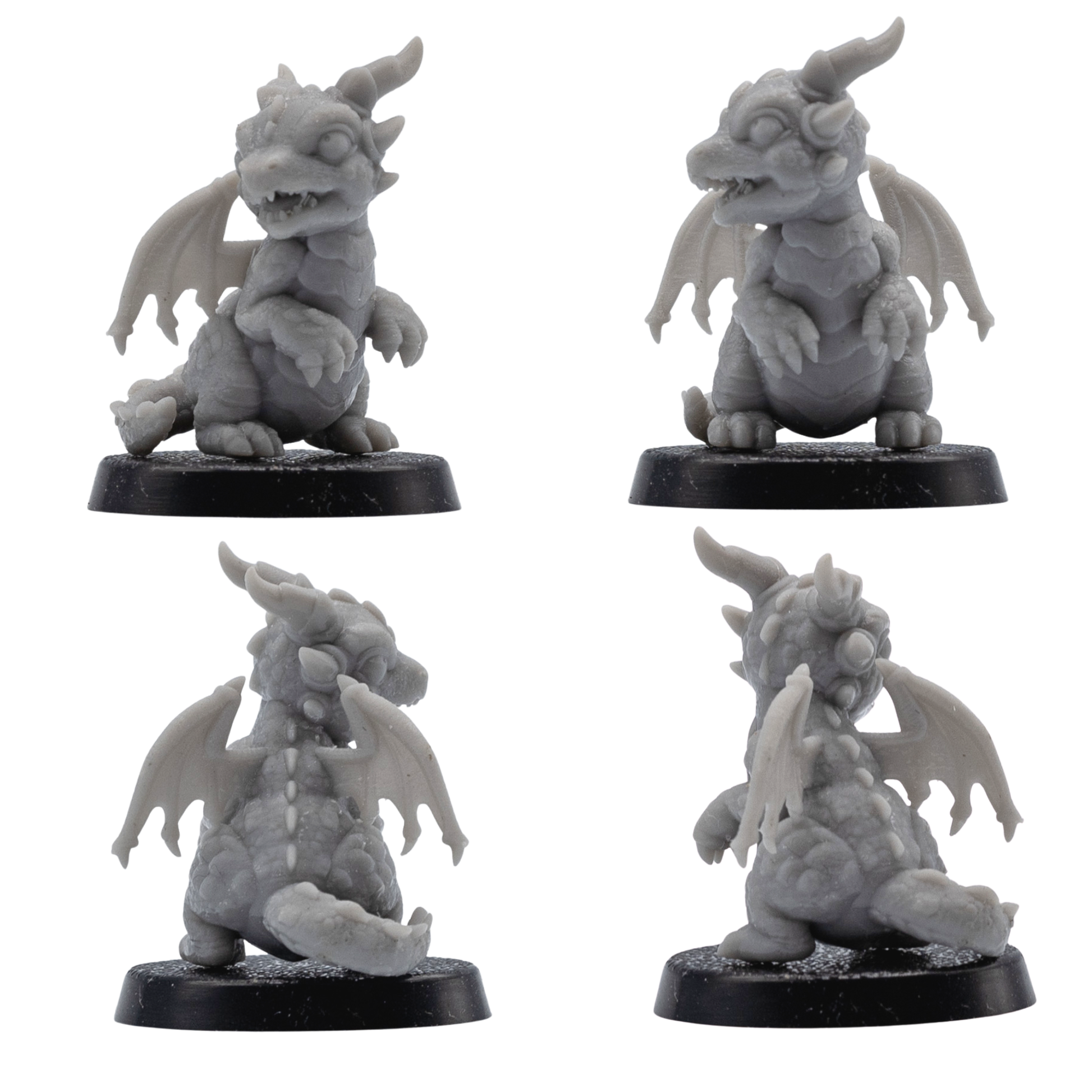 Unpainted wyrmling familiar shown from multiple angles with wings, horns, and dragon-like features.