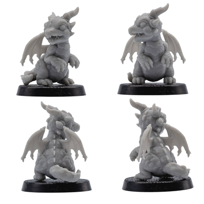 Unpainted wyrmling familiar shown from multiple angles with wings, horns, and dragon-like features.
