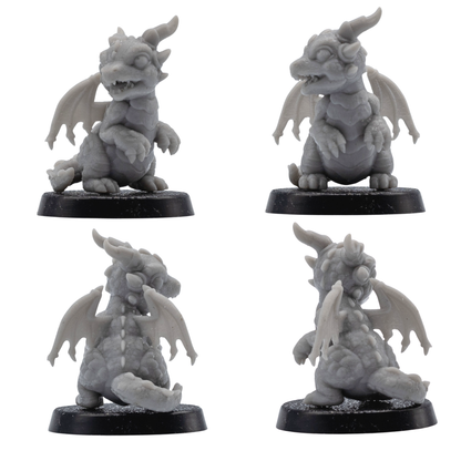 Unpainted wyrmling familiar shown from multiple angles with wings, horns, and dragon-like features.