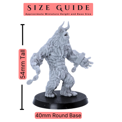 Size guide for Yeti miniature showing approximate 54mm height and 40mm round base size.