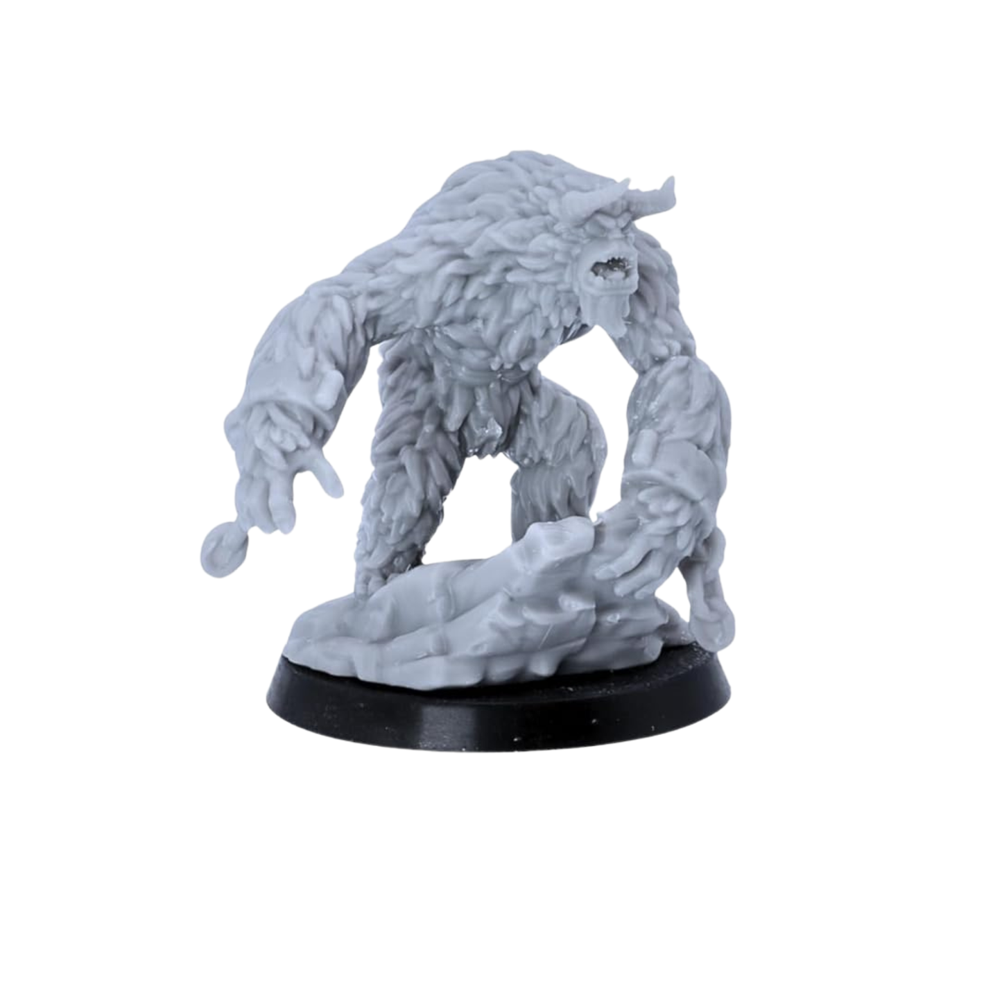 Unpainted Yeti miniature posed over an icy victim or frozen terrain piece on a 40mm round base.