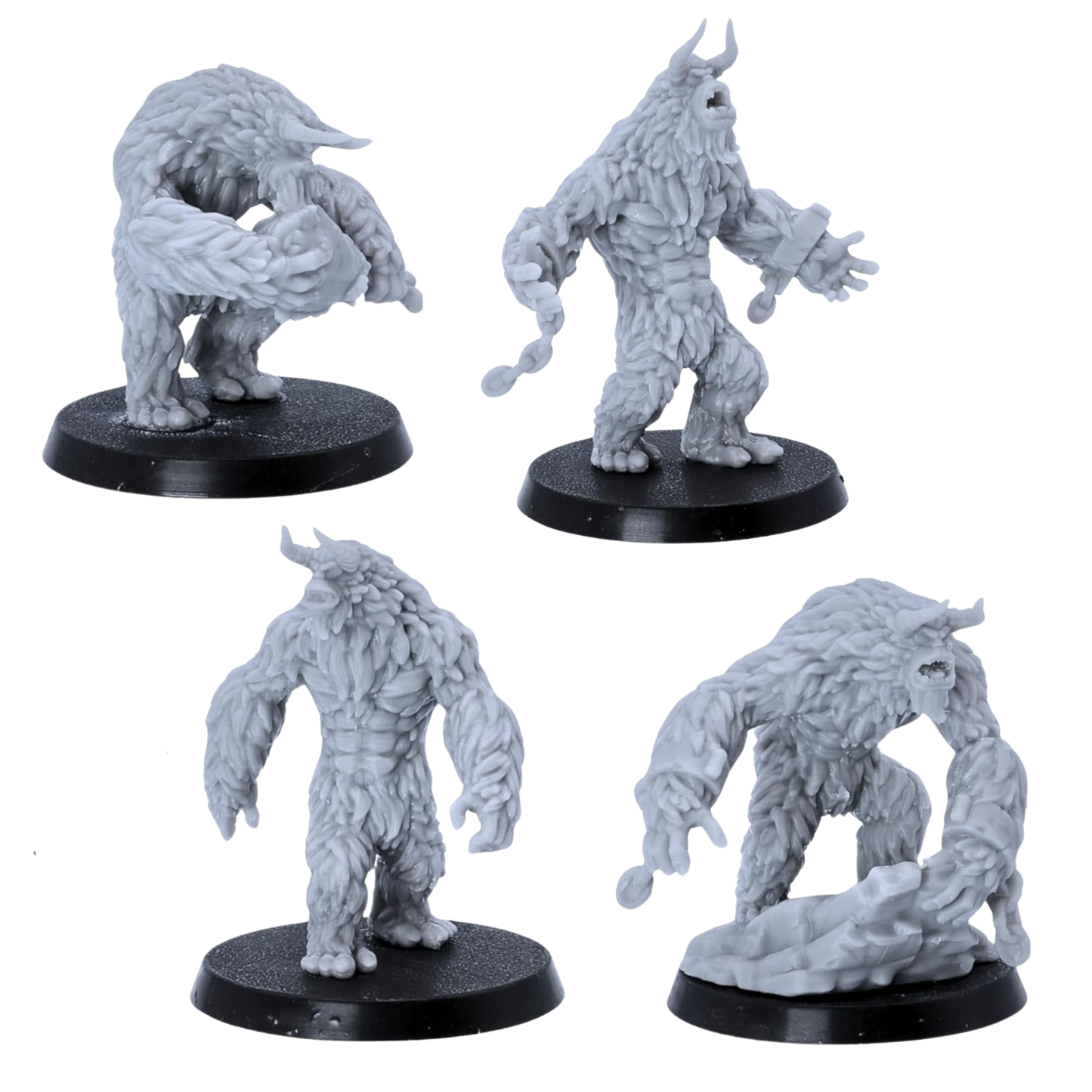 Unpainted Yeti miniatures showing multiple poses with shaggy fur, horns, and arctic monster details.