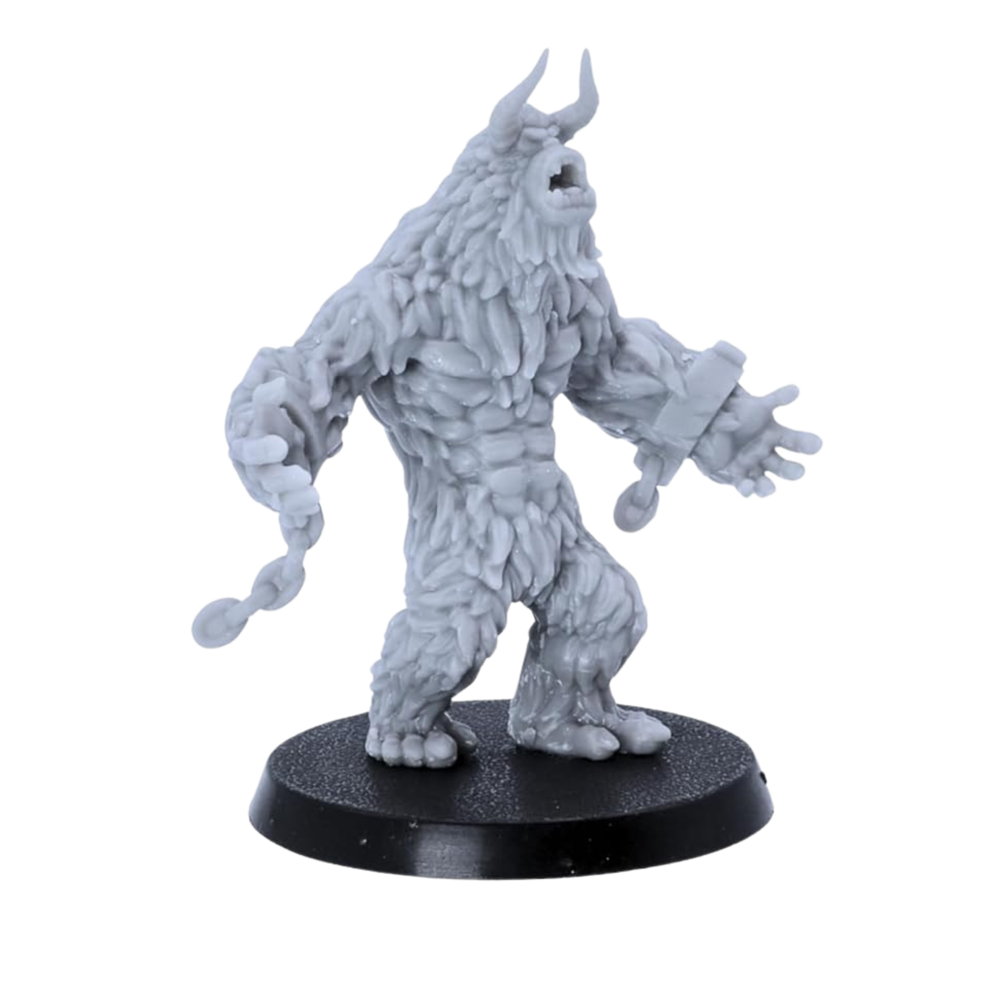 Unpainted roaring Yeti miniature with raised head, horned silhouette, and detailed fur texture.
