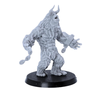 Unpainted roaring Yeti miniature with raised head, horned silhouette, and detailed fur texture.