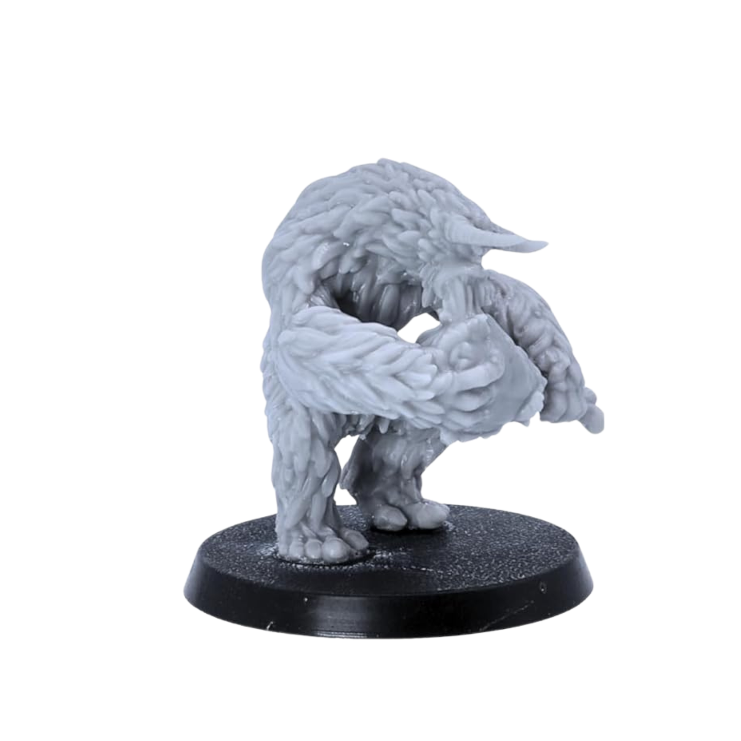 Unpainted Yeti miniature shown from the side with hunched posture, long arms, and thick sculpted fur.