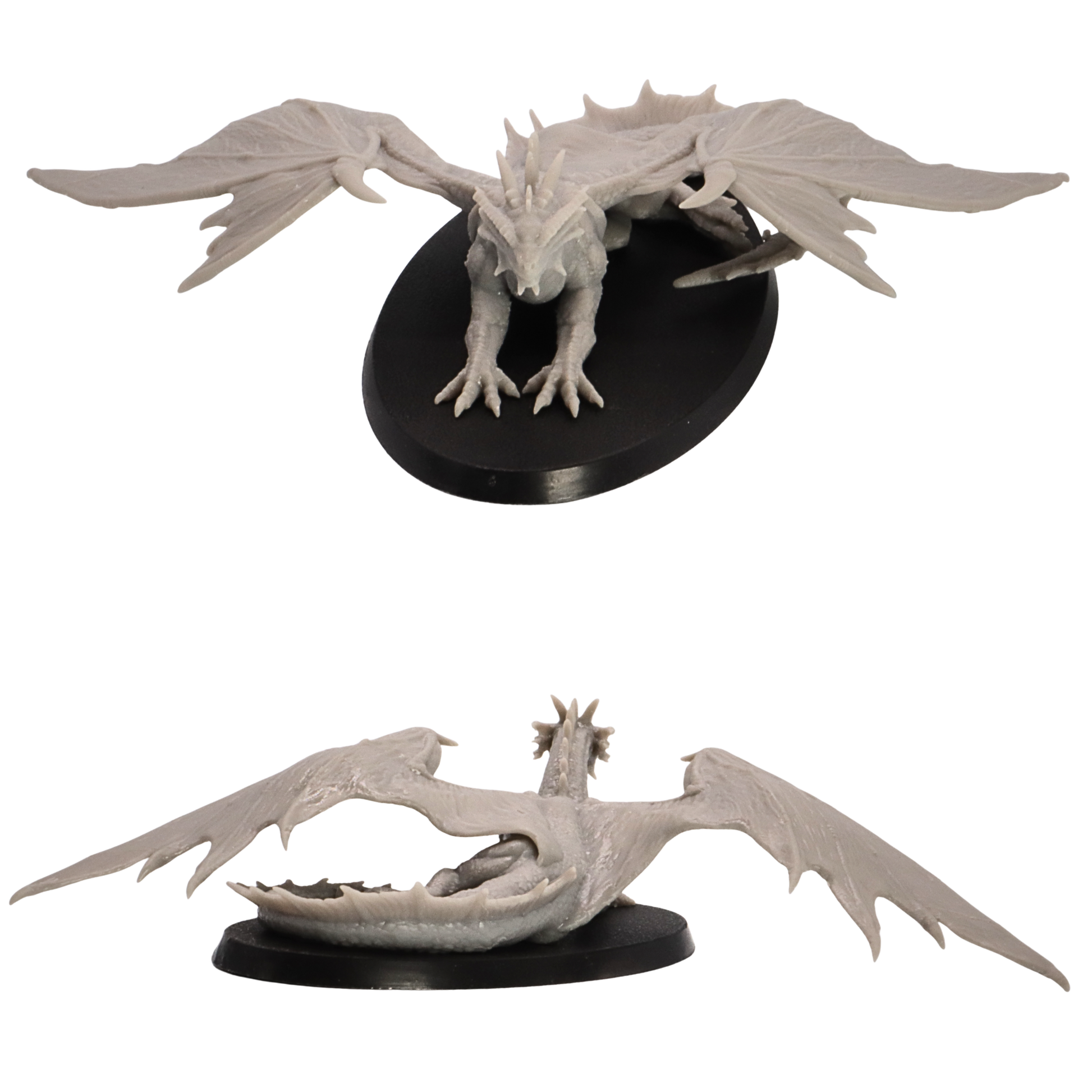 Top front view of the Young Bronze Dragon miniature with wings spread across a 90mm x 52mm oval base.