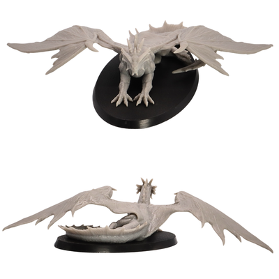 Top front view of the Young Bronze Dragon miniature with wings spread across a 90mm x 52mm oval base.
