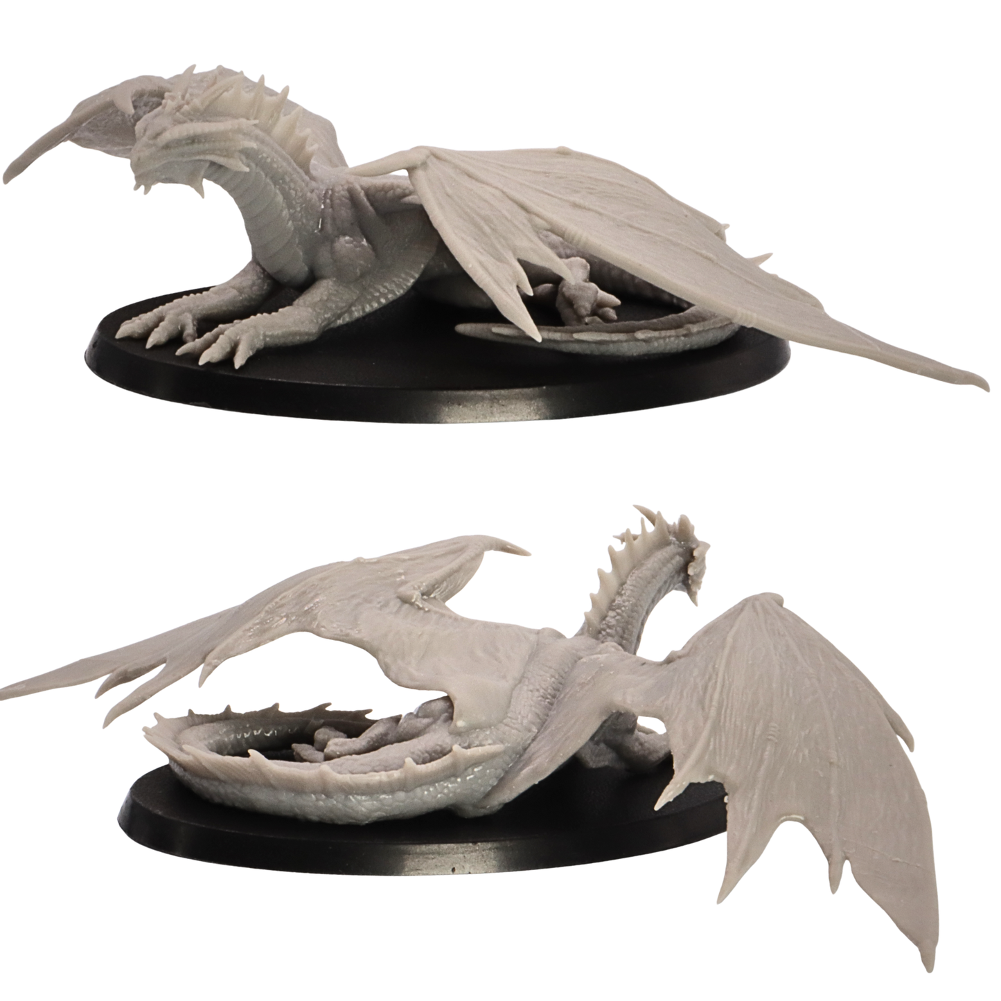 Side view of the unpainted Young Bronze Dragon miniature showing wings, long body, claws, and oval base.