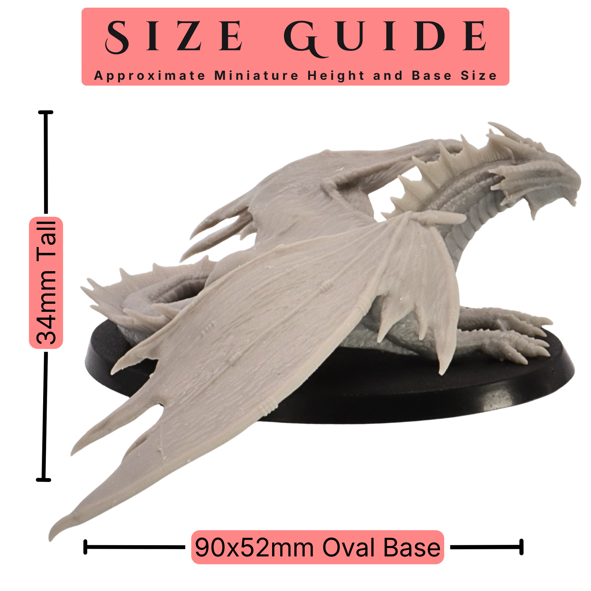 Size guide for Young Bronze Dragon miniature showing 34mm height and 90mm x 52mm oval base.