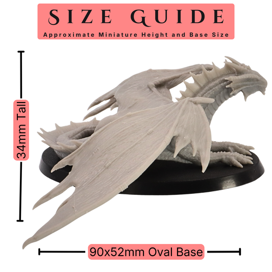 Size guide for Young Bronze Dragon miniature showing 34mm height and 90mm x 52mm oval base.