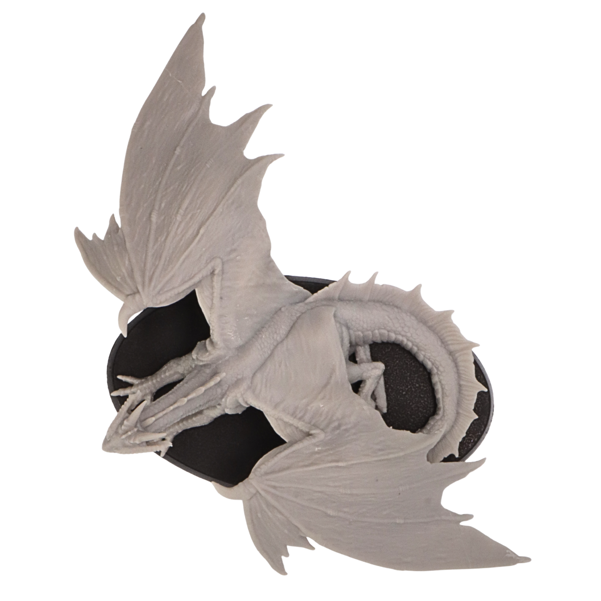 Top-down view of the Young Bronze Dragon miniature showing wing span, curled tail, and oval base.