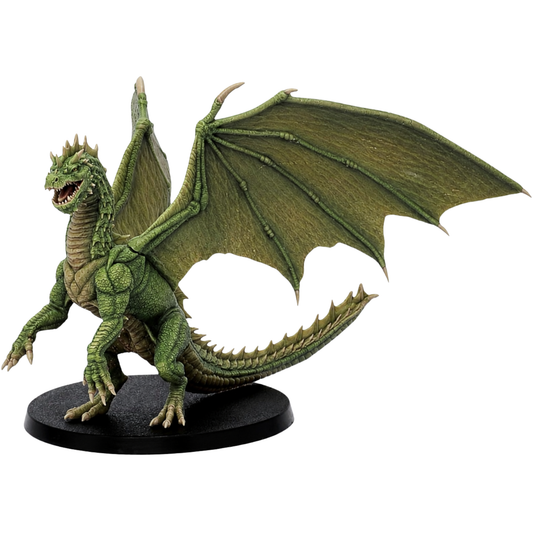 Painted Young Green Dragon miniature by Epic Miniatures showing a large green fantasy dragon with spread wings, horned head, long tail, scales, claws, and 50mm round base.