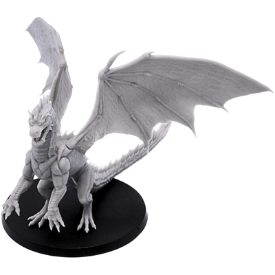 Unpainted Young Green Dragon miniature by Epic Miniatures shown from a front three-quarter angle with spread wings, open jaws, claws, and long scaled tail.