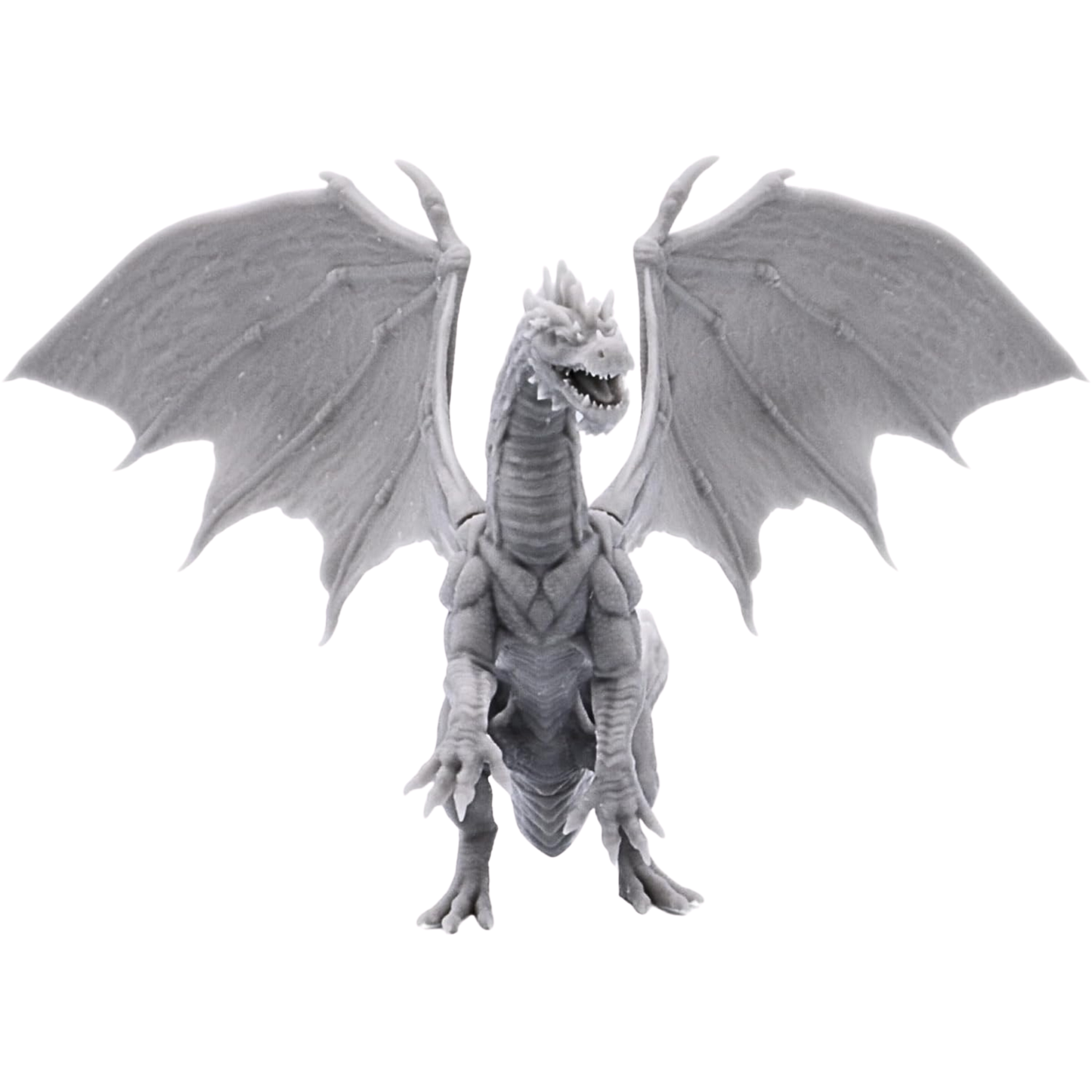 Front view of the unpainted Young Green Dragon miniature showing its horned head, open mouth, muscular body, claws, and wide-spread wings.