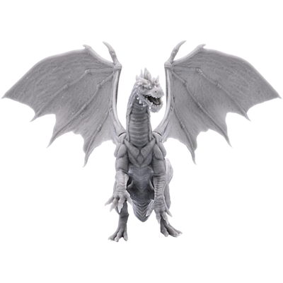 Front view of the unpainted Young Green Dragon miniature showing its horned head, open mouth, muscular body, claws, and wide-spread wings.