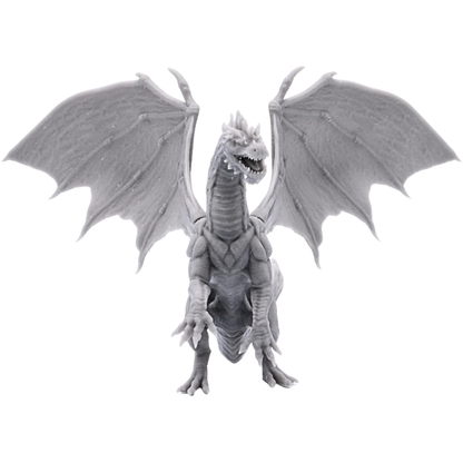 Front view of the unpainted Young Green Dragon miniature showing its horned head, open mouth, muscular body, claws, and wide-spread wings.
