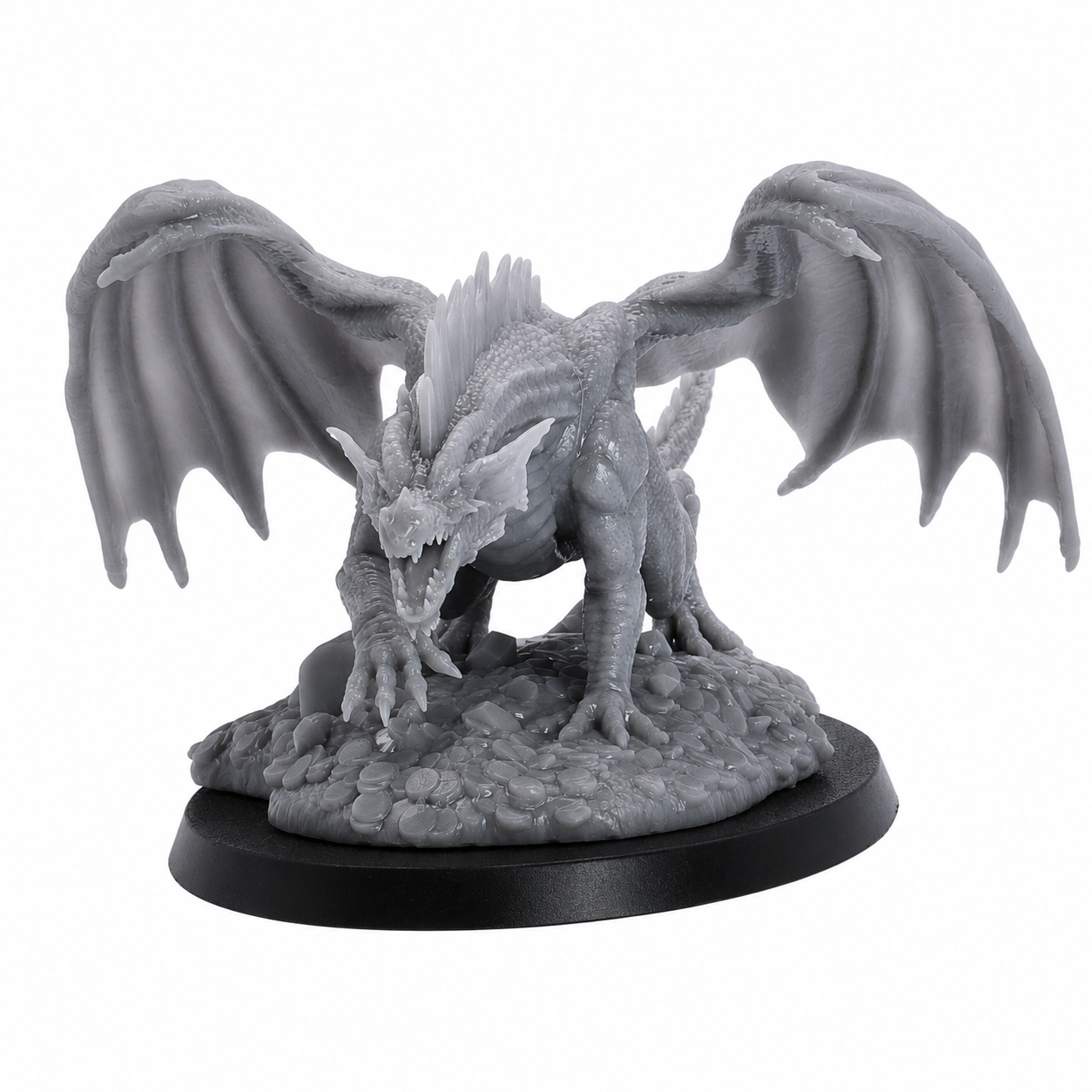 Front view of the unpainted Young Red Dragon resin miniature with open wings, detailed scales, claws, and roaring pose.