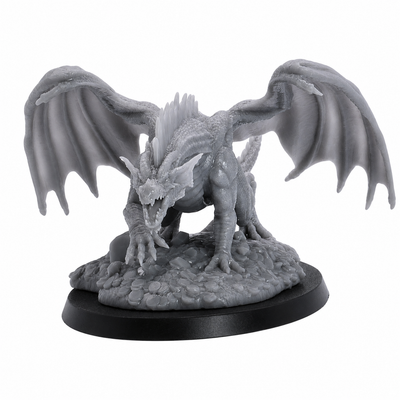 Front view of the unpainted Young Red Dragon resin miniature with open wings, detailed scales, claws, and roaring pose.