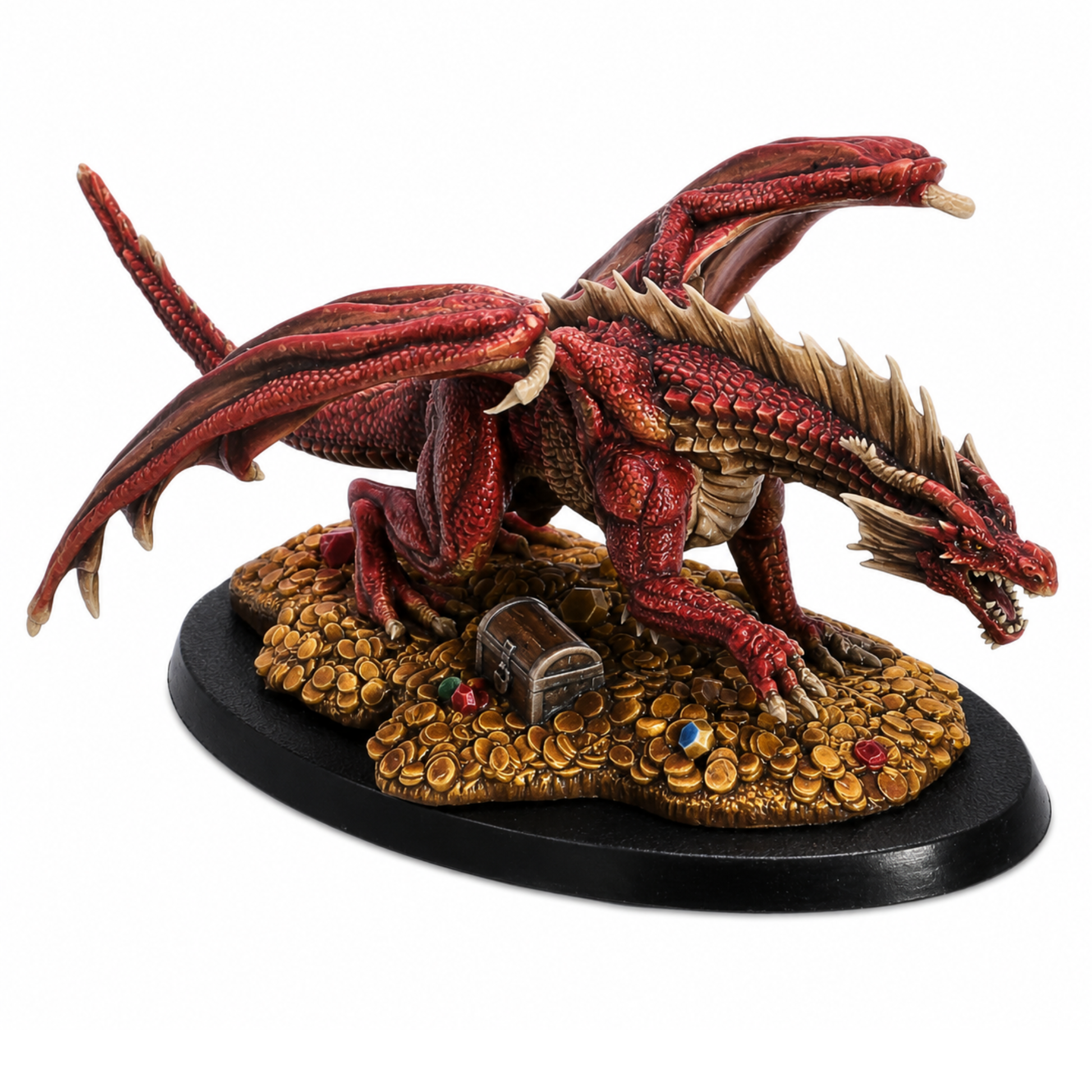 Painted example of a Young Red Dragon fantasy tabletop miniature by Epic Miniatures on a treasure hoard base.