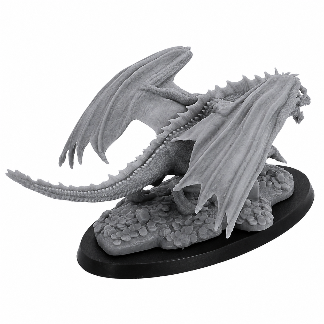 Rear view of an unpainted Young Red Dragon resin miniature by Epic Miniatures showing detailed wings, tail, scales, and treasure base.