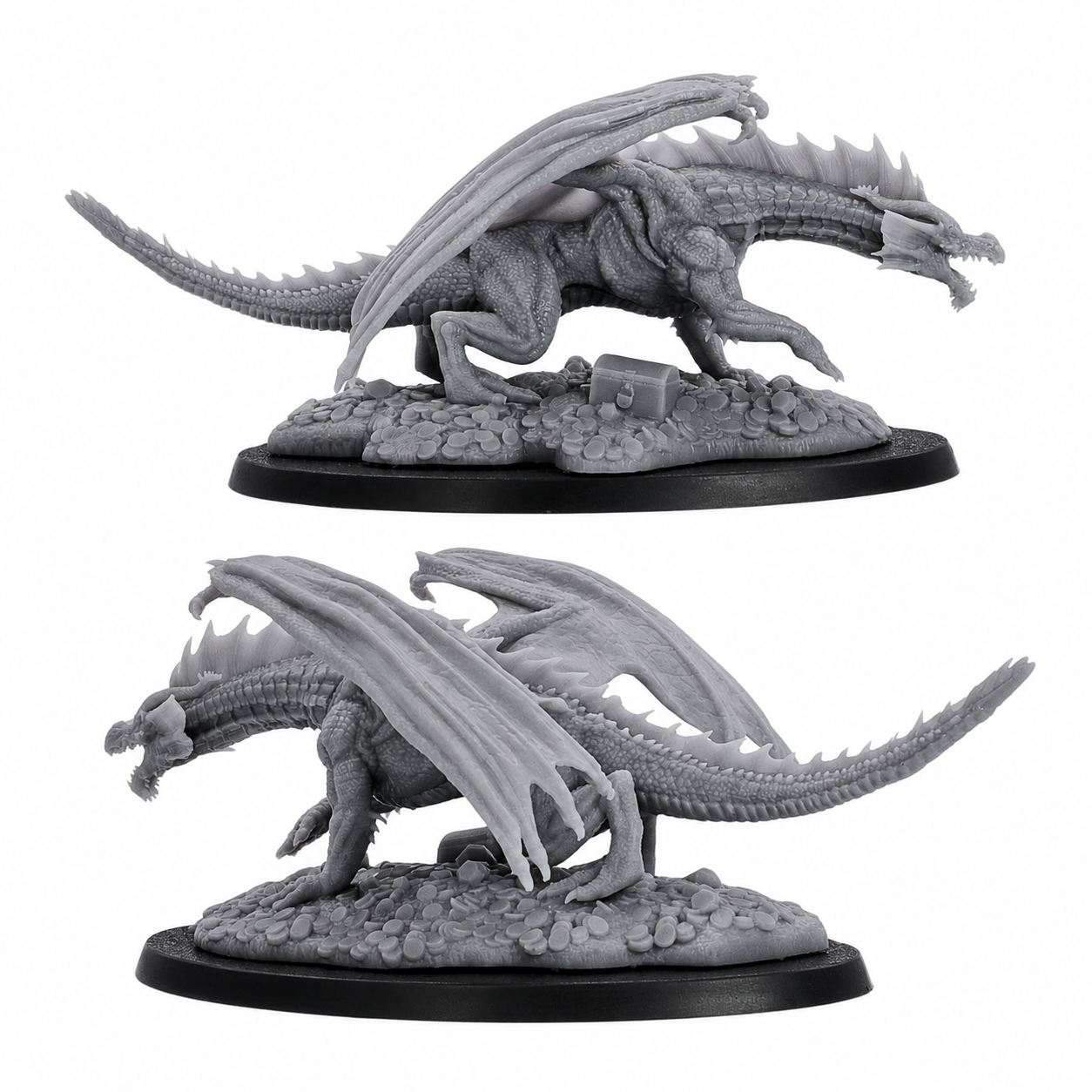 Side views of the unpainted Young Red Dragon miniature showing wing shape, long tail, and scenic treasure base.