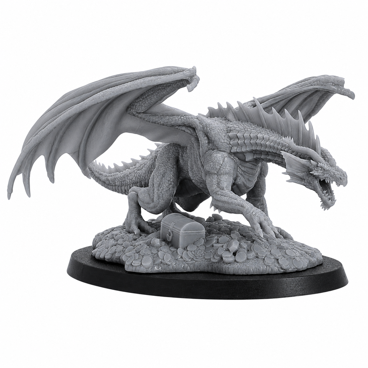 Unpainted Young Red Dragon resin miniature by Epic Miniatures with wings, claws, scales, and treasure base detail.