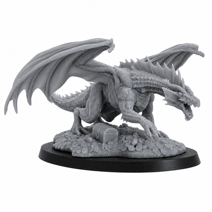 Unpainted Young Red Dragon resin miniature by Epic Miniatures with wings, claws, scales, and treasure base detail.