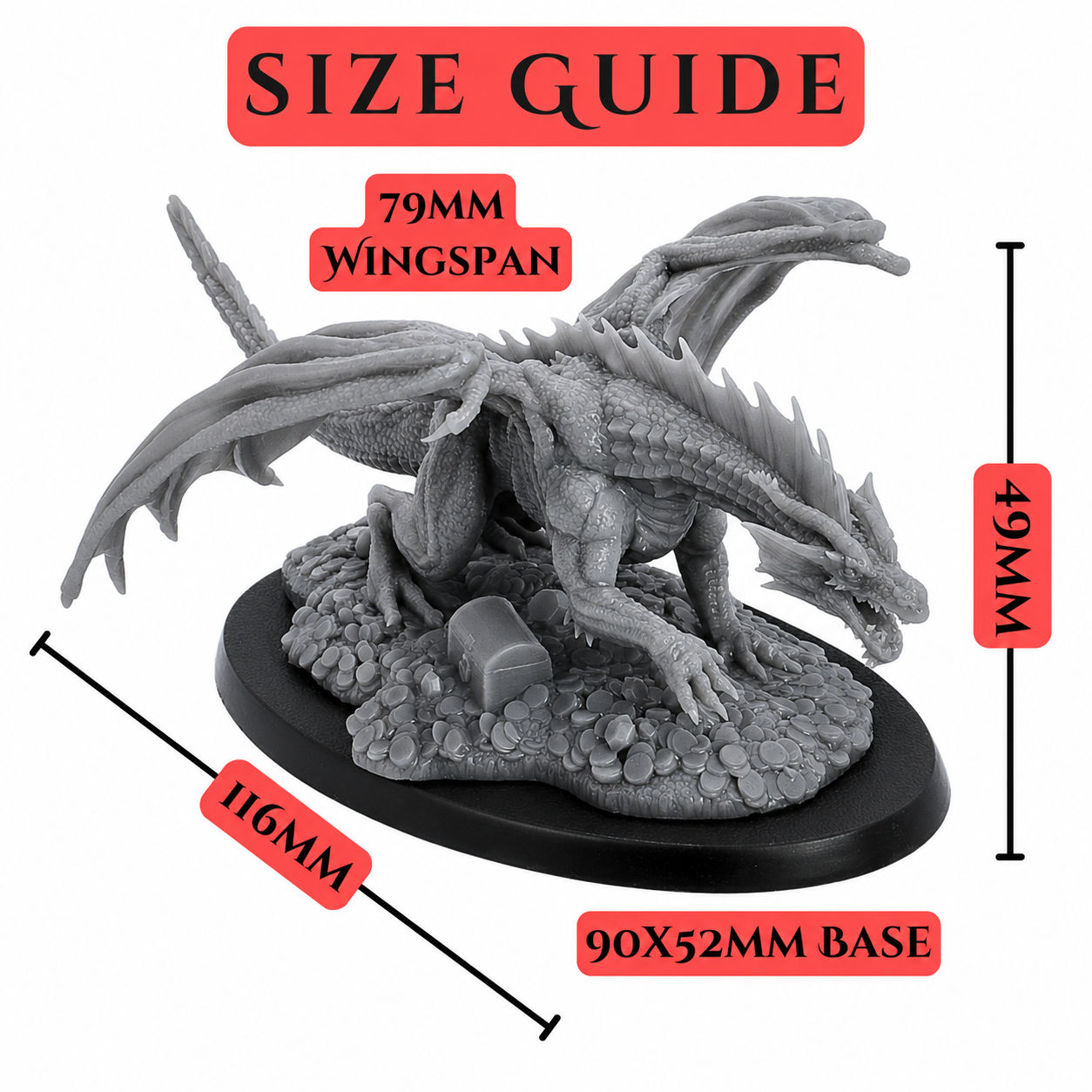 Size guide for a 28mm scale Young Red Dragon miniature on a 90x52mm oval base by Epic Miniatures.