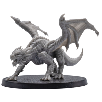 Action pose view of an unpainted Young Red Dragon miniature with raised wings, open jaws, claws, and detailed fantasy creature sculpt.