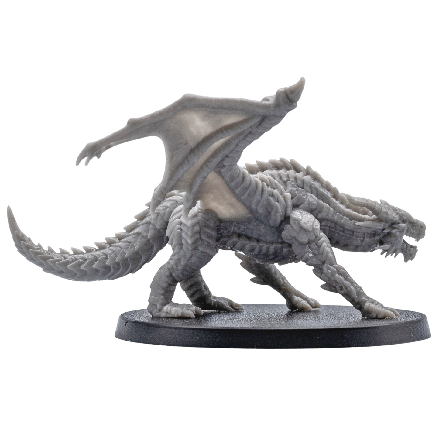Profile view of an unpainted Young Red Dragon fantasy miniature by Forged Path Miniatures showing wing shape, scales, and tail detail.