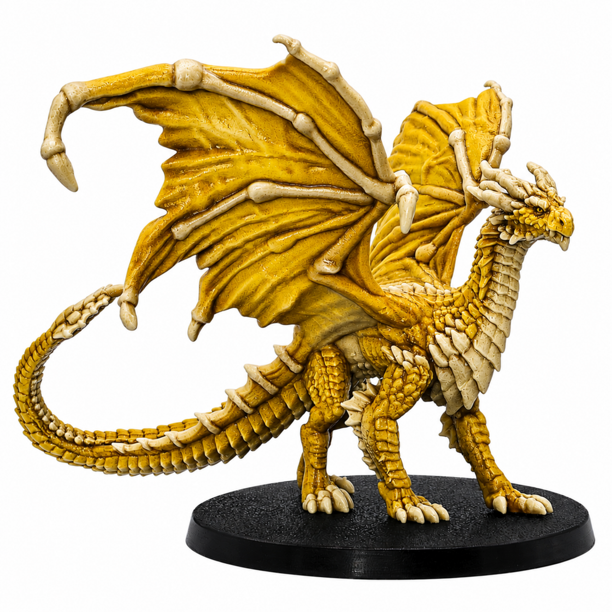 Painted example of a Young Yellow Dragon fantasy tabletop miniature by Epic Miniatures on a 60mm round base.